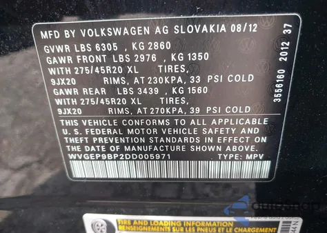 2013 Volkswagen Touareg Tdi Executive from USA, damaged, VIN WVGEP9BP2DD005971